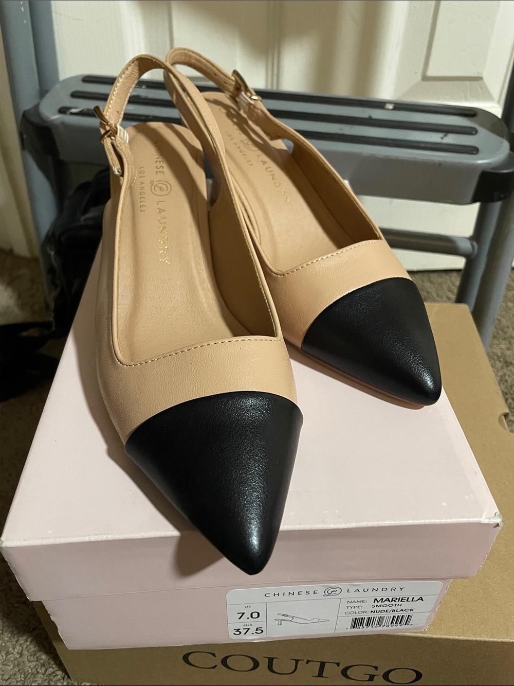 Chinese Laundry Two-Tone Nude and Black Pointed Slingbacks
